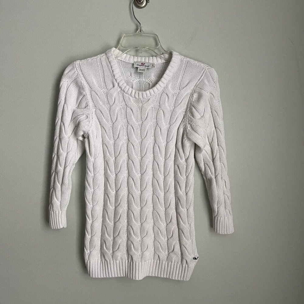 Vineyard Vines White Cable Knit 3/4 Sleeve Sweater